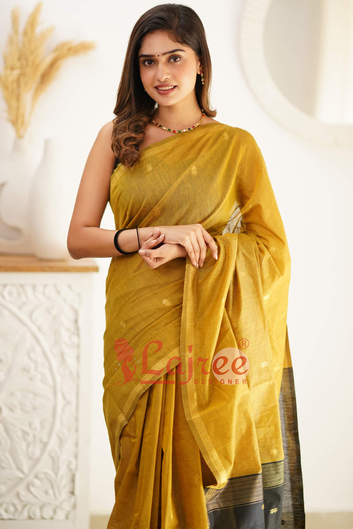 Glowing Mehndi Cotton Silk Saree With Attractive Blouse Piece