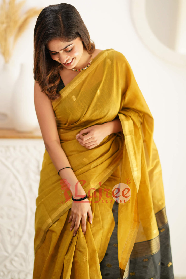 Glowing Mehndi Cotton Silk Saree With Attractive Blouse Piece