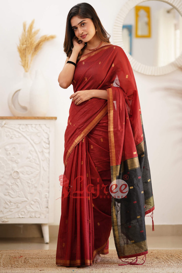 Stunning Red Cotton Silk Saree With Elegant Blouse Piece