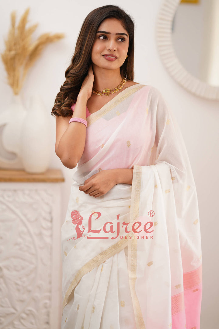 Outstanding White Cotton Silk Saree With Deserving Blouse Piece