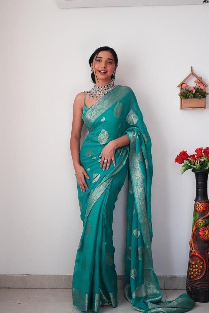 Trendy 1-Minute Ready To Wear Sea Green Soft Silk Saree