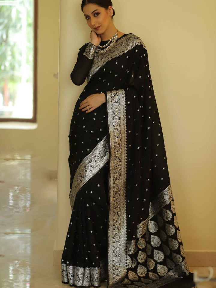 Precious Black Cotton Silk Saree With Sizzling Blouse Piece