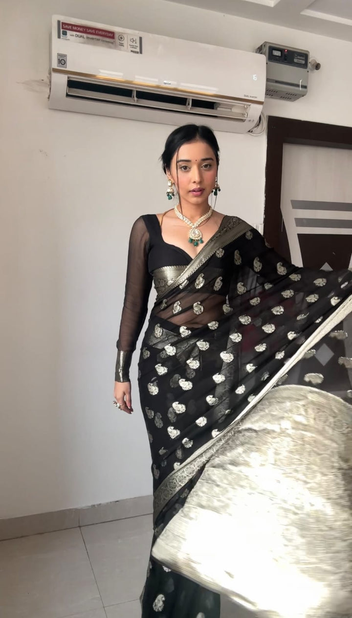 Most Stunning 1-Minute Ready To Wear Black Cotton Silk Saree