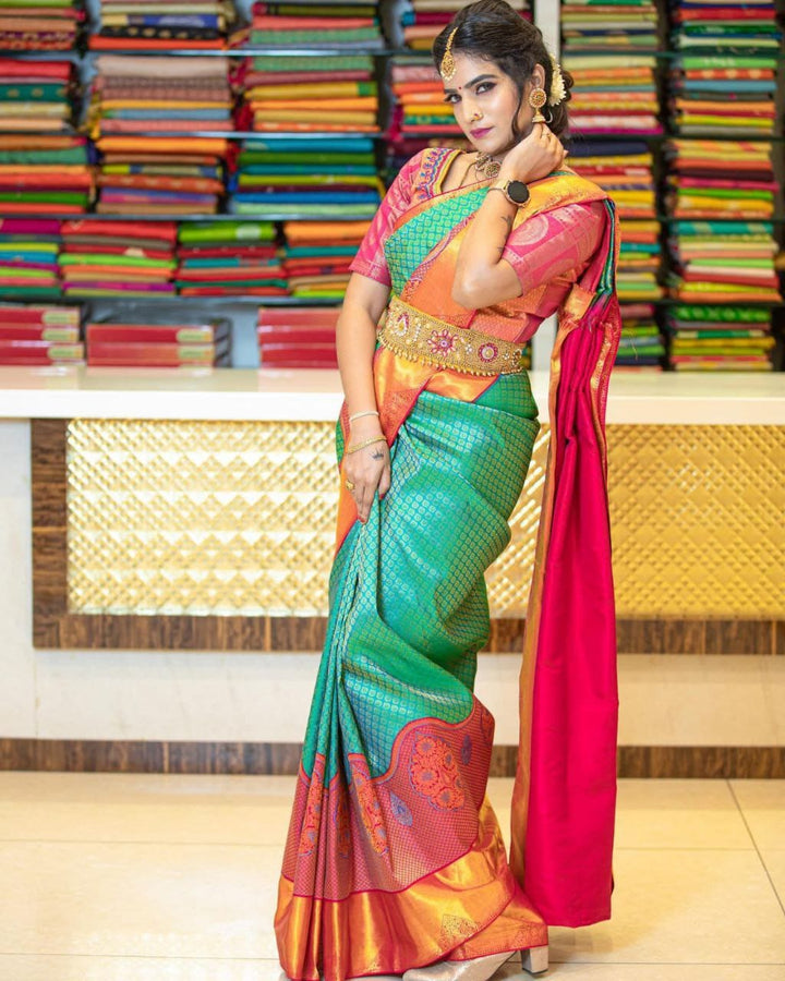 Fantabulous Rama Soft Silk Saree With Glittering Blouse Piece