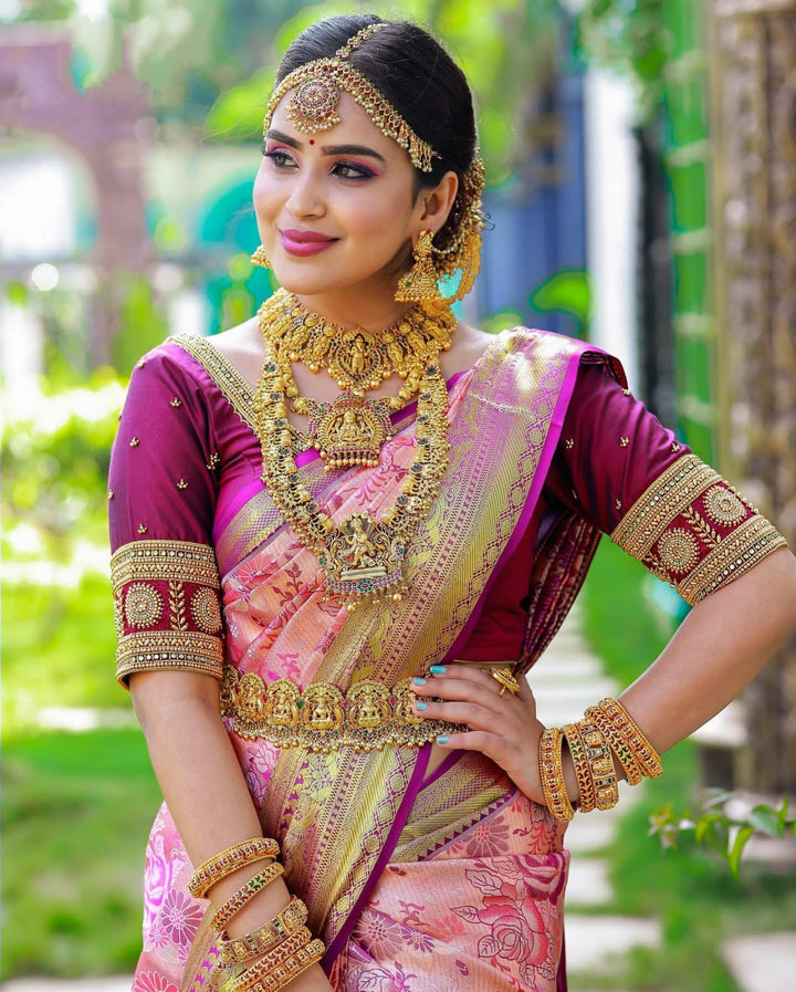 Quintessential Pink Soft Banarasi Silk Saree With Nemesis Blouse Piece