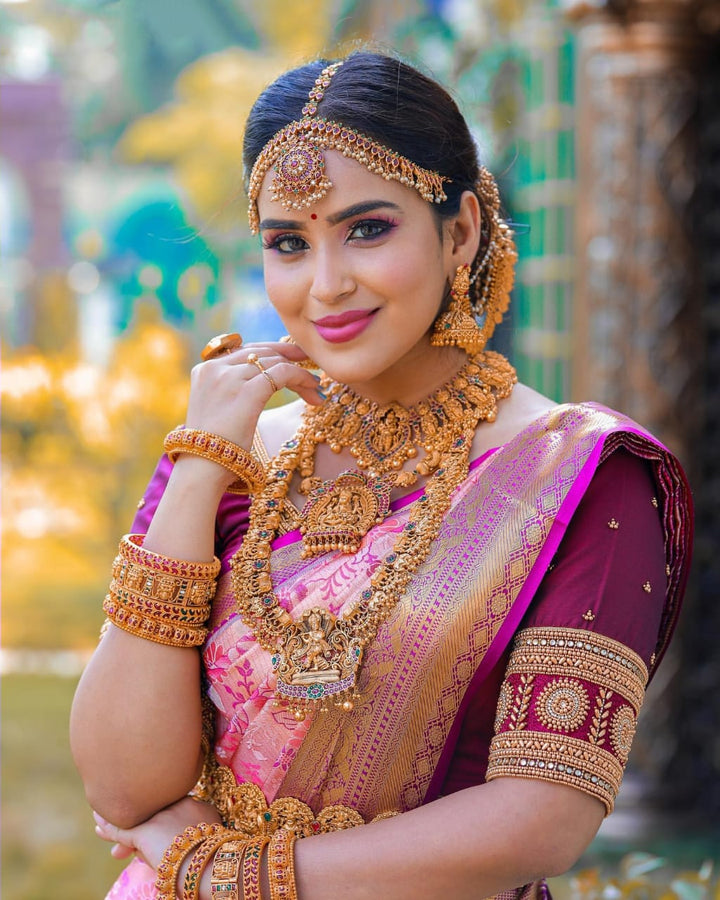 Quintessential Pink Soft Banarasi Silk Saree With Nemesis Blouse Piece