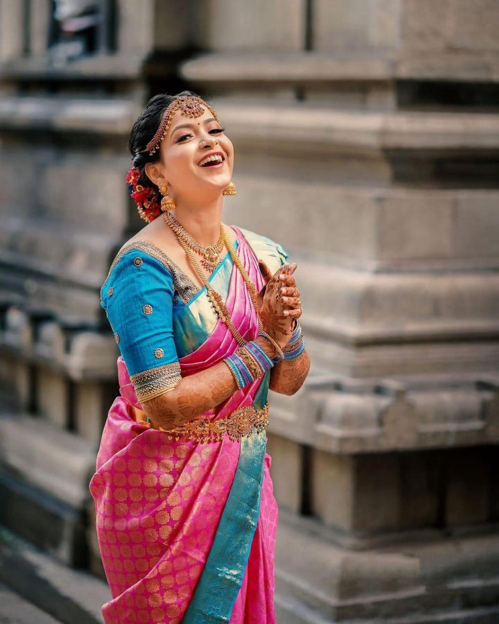 Gossamer Dark Pink Soft Banarasi Silk Saree With Elision Blouse Piece