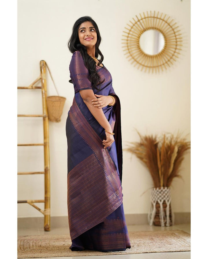 Lagniappe Navy Blue Soft Silk Saree With Devastating Blouse Piece