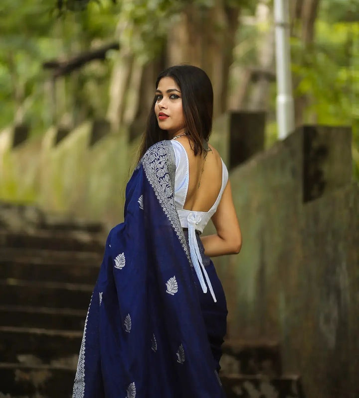 Charming Navy Blue Soft Banarasi  Silk Saree With Glowing Blouse Piece