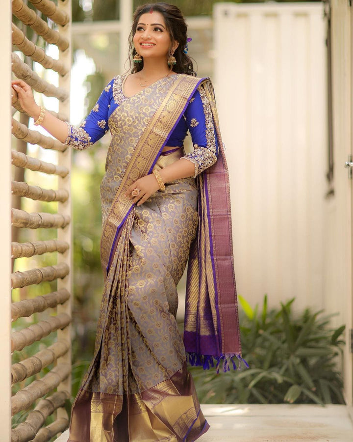 Glittering Grey Soft Banarasi Silk Saree With Two Snazzy Blouse Piece