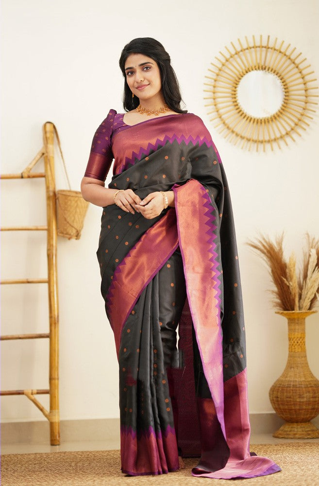 Flaunt Black Soft Banarasi Silk Saree With Gleaming Blouse Piece