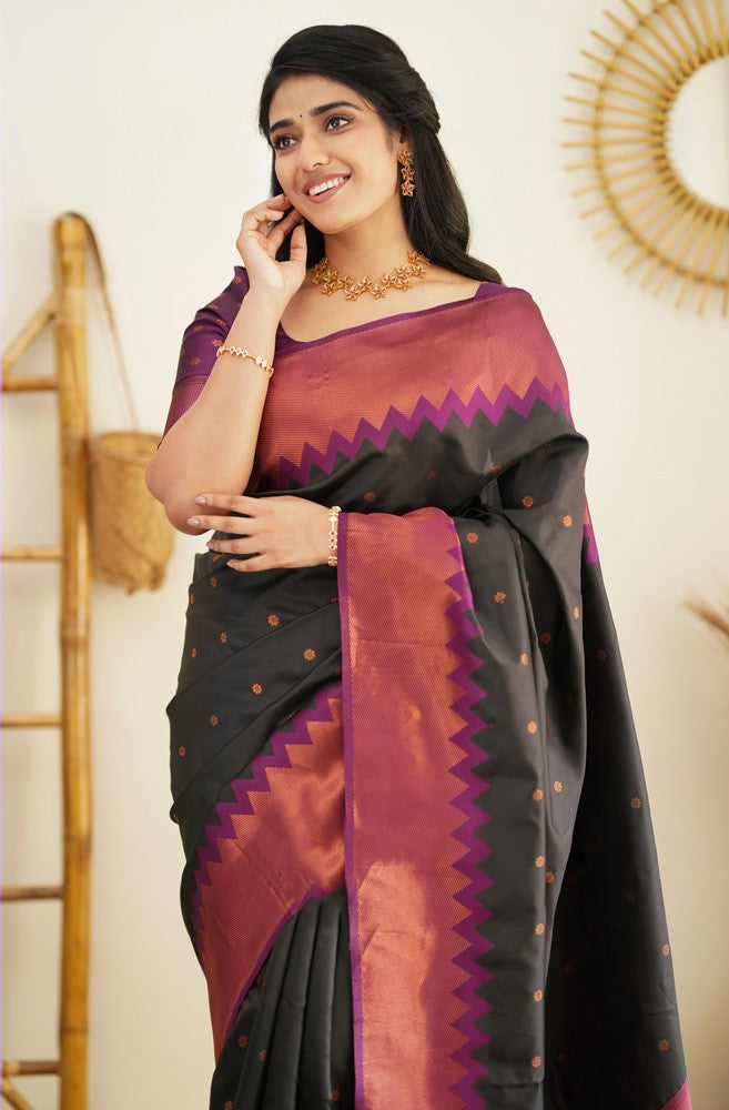 Flaunt Black Soft Banarasi Silk Saree With Gleaming Blouse Piece