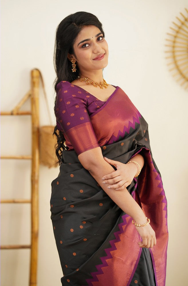 Flaunt Black Soft Banarasi Silk Saree With Gleaming Blouse Piece