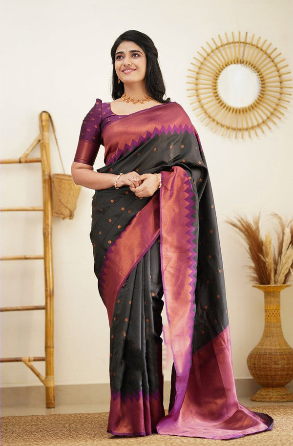 Flaunt Black Soft Banarasi Silk Saree With Gleaming Blouse Piece