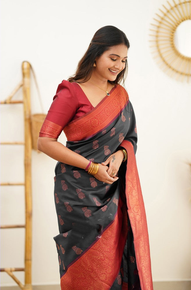 Glowing Black Soft Silk Saree With Blooming Blouse Piece