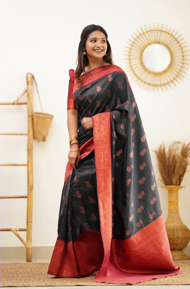 Glowing Black Soft Silk Saree With Blooming Blouse Piece