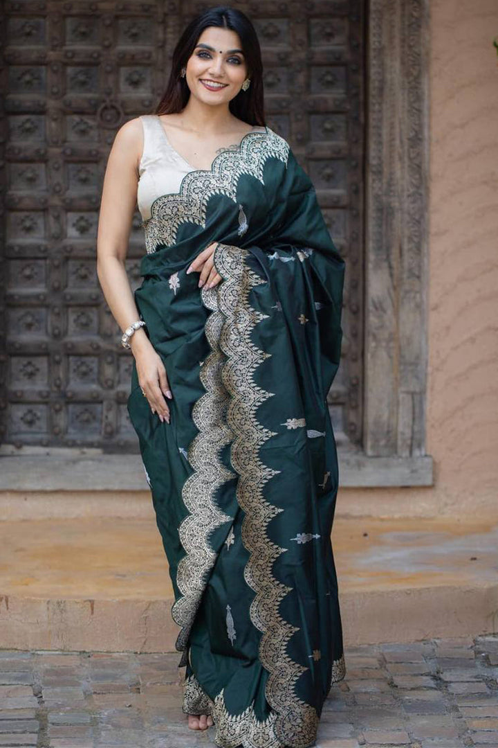 Pleasant Dark Green Soft Silk Saree With Adorable Blouse Piece