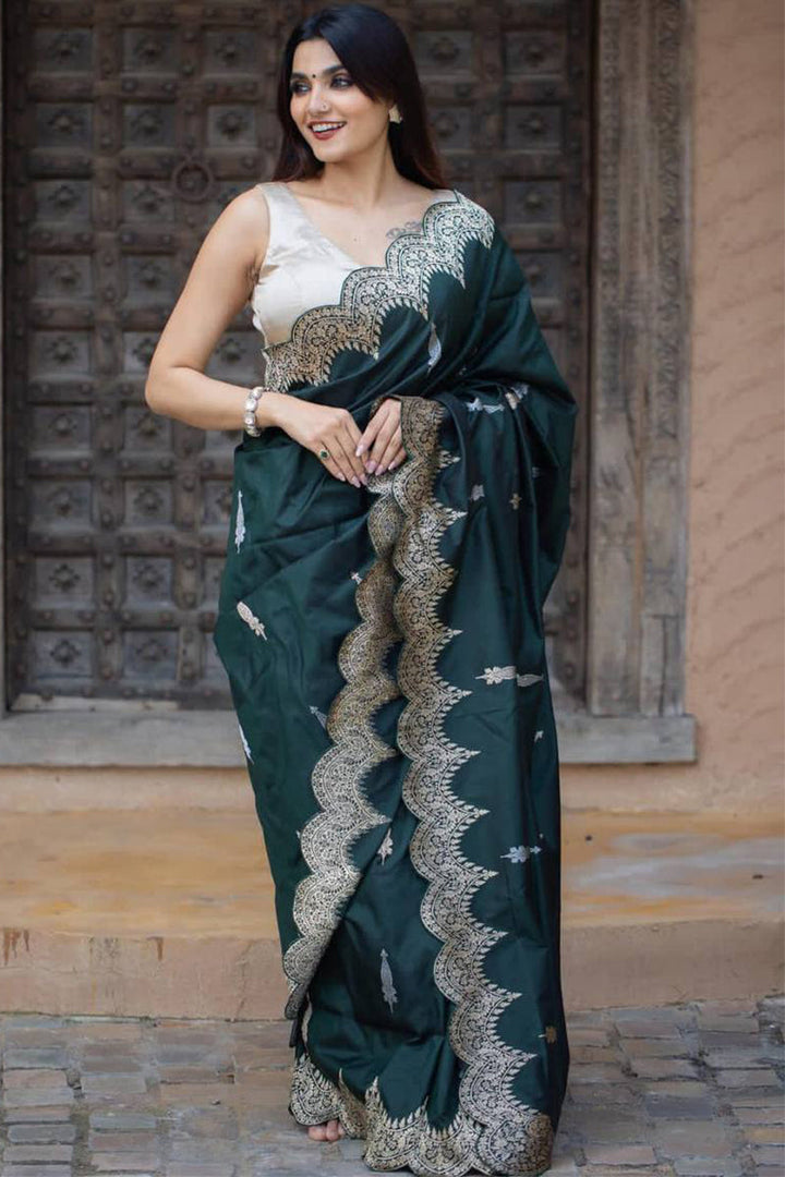 Pleasant Dark Green Soft Silk Saree With Adorable Blouse Piece