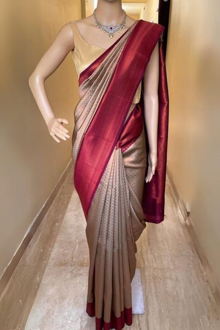 Vivacious Beige Soft Silk Saree With Piquant Blouse Piece