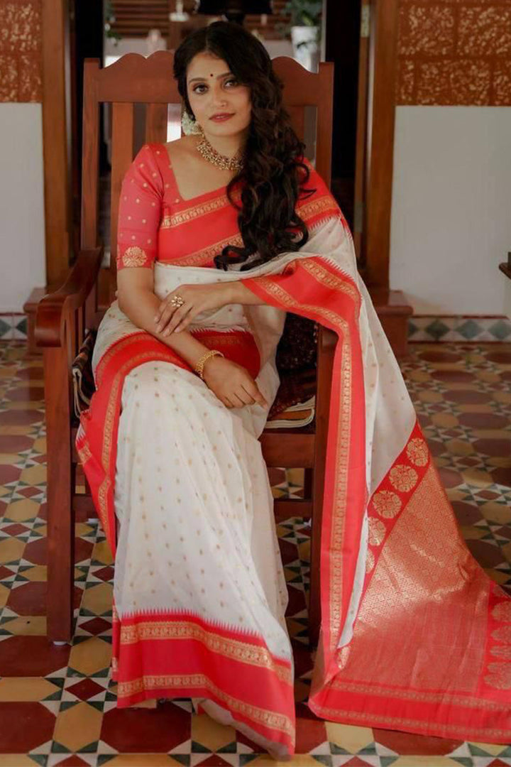 Mellifluous Off White Soft Silk Saree With Inimitable Blouse Piece