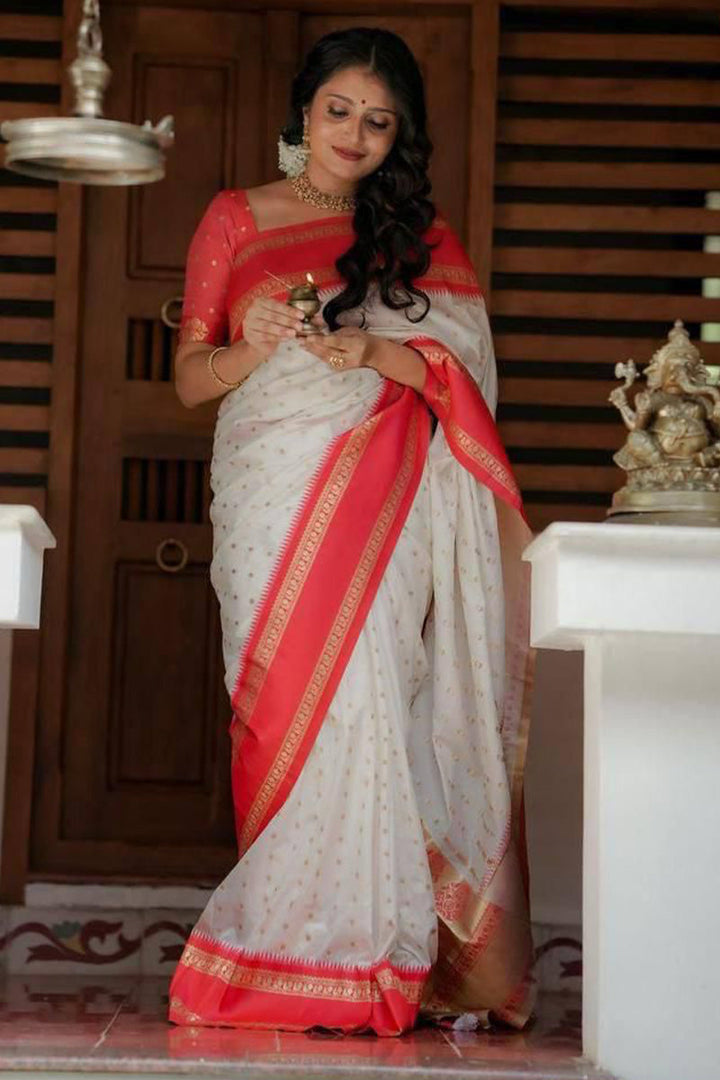 Mellifluous Off White Soft Silk Saree With Inimitable Blouse Piece