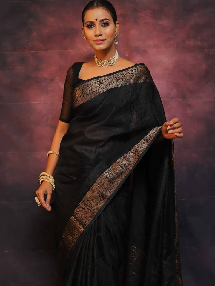 Gleaming Black Soft Silk Saree With Designer Blouse Piece