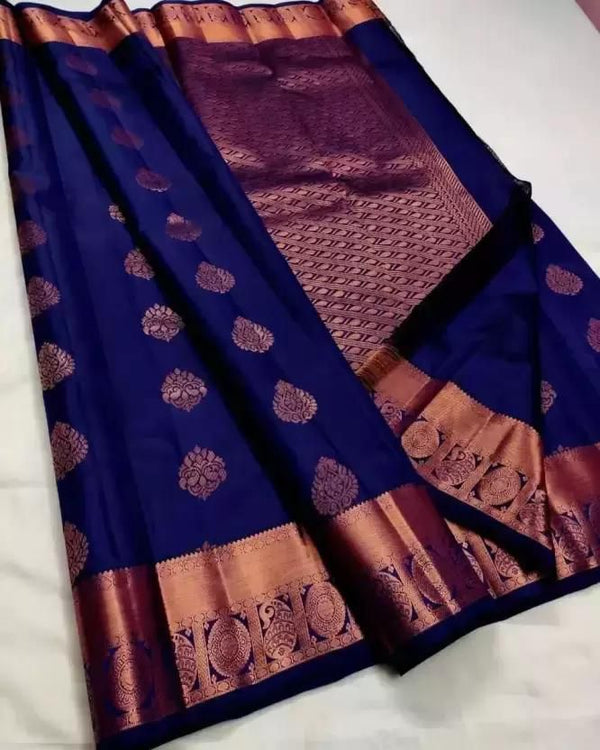 Diaphanous Navy Blue Soft Silk Saree With Confounding Blouse Piece