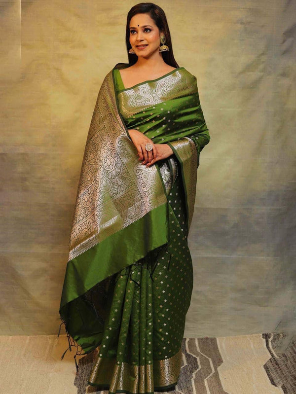 Impressive Mehndi Soft Silk Saree With Energetic Blouse Piece