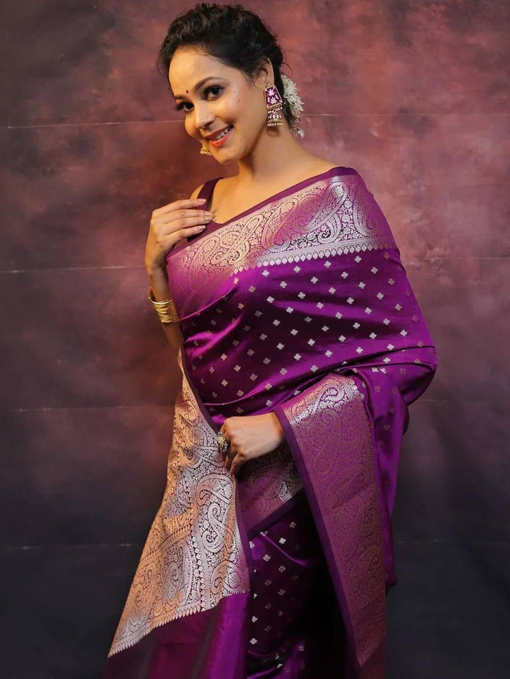 Arresting Purple Soft Silk Saree With Fairytale Blouse Piece