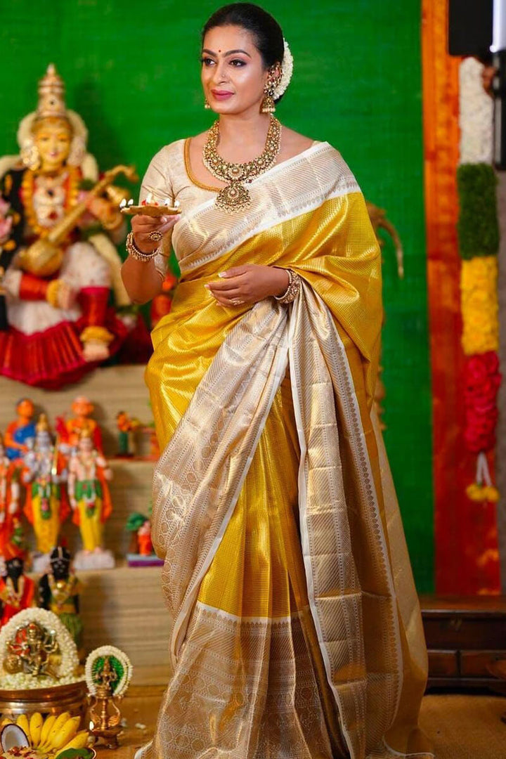 Bucolic Yellow Kanjivaram Silk Saree With Smashing Blouse Piece