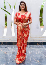 Red Designer Silk With Jacquard Work Saree With Amazing Blouse Piece