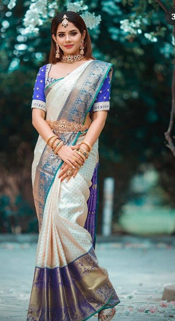 Cream Banarasi Silk With Jacquard Work Saree With Attractive Blouse Piece