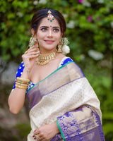 Cream Banarasi Silk With Jacquard Work Saree With Attractive Blouse Piece