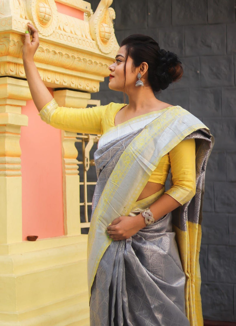 Grey Designer Silk With Jacquard Work Saree With Attractive Blouse Piece