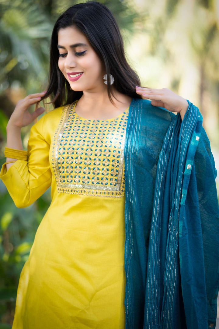 yellow embroidery work kurta set with dupatta