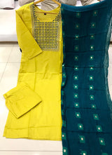 Yellow Designer Georgette Cotton Kurti Set With Dupatta
