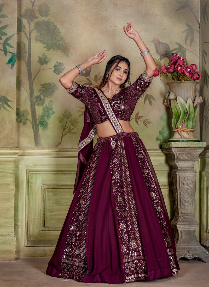 Wine Georgette Embroidery Sequence Work Lehenga Choli With Dupatta