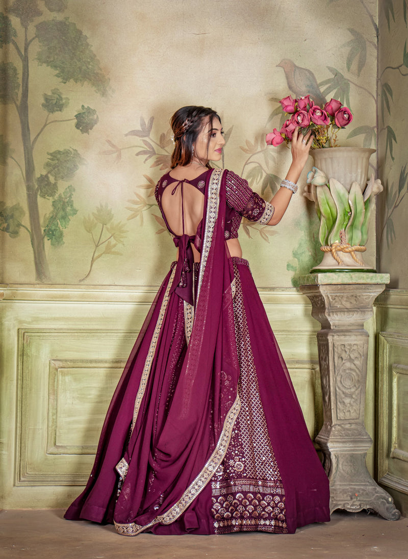 Wine Georgette Embroidery Sequence Work Lehenga Choli With Dupatta