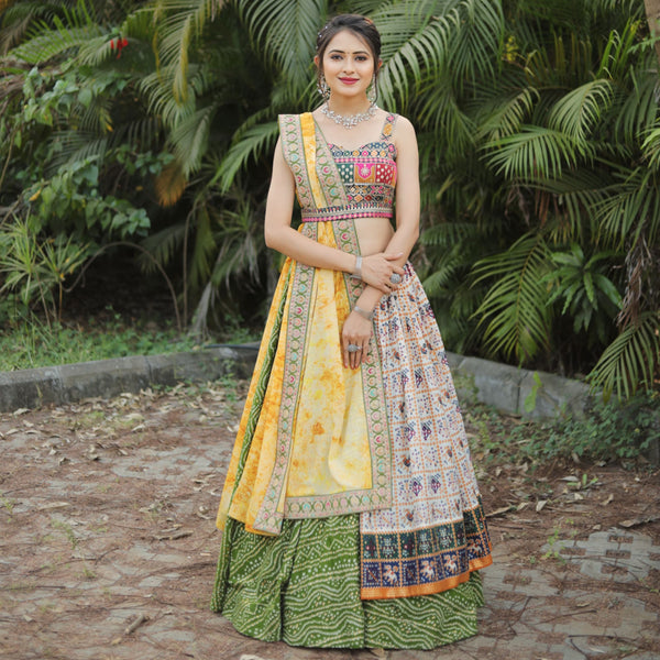 White And Green Designer Slub Cotton Lehenga Choli With Digital Print Work