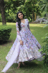 Purple Silk Digital Print With Embroidery Work Gown With Dupatta