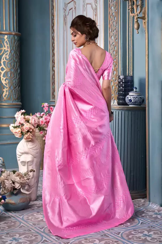 Pink Designer Silk With Jacquard Work Saree With Amazing Blouse Piece