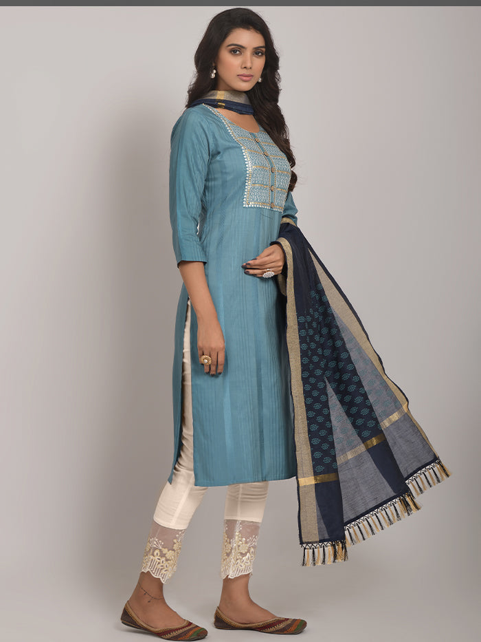 Sky blue Sequence Embroidered Kurta With Lycra Pant And Jacquard Dupata