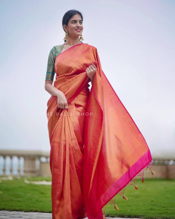 Red Banarasi Silk With Jacquard Work Saree With Attractive Blouse Piece