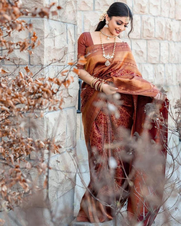 Brown Designer Silk With Jacquard Work Saree With Attractive Blouse Piece