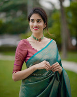 Green Banarasi Silk With Jacquard Work Saree With Attractive Blouse Piece