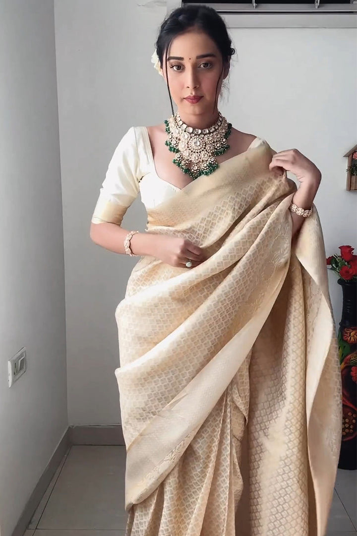 Excellent 1-Minute Ready To Wear Beige Kanjivaram Silk Saree