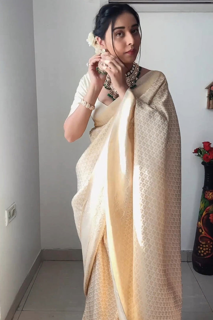 Excellent 1-Minute Ready To Wear Beige Kanjivaram Silk Saree