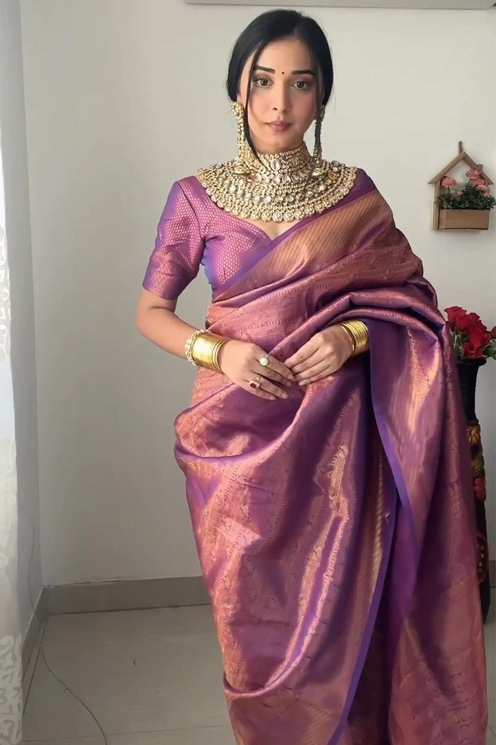 Mellifluous 1-Minute Ready To Wear Purple Kanjivaram Silk Saree