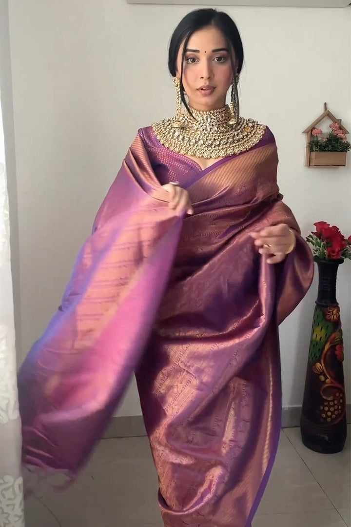 Mellifluous 1-Minute Ready To Wear Purple Kanjivaram Silk Saree