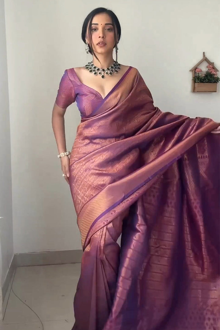 Mellifluous 1-Minute Ready To Wear Purple Kanjivaram Silk Saree